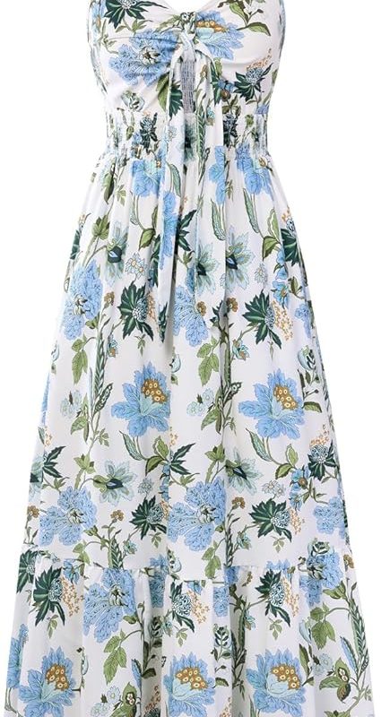 Womens Summer Floral Maxi Dresses 2026 Long Flowy Boho Dress Beach Vacation Sundresses Casual Clothes with Pocket - Blue Green Floral