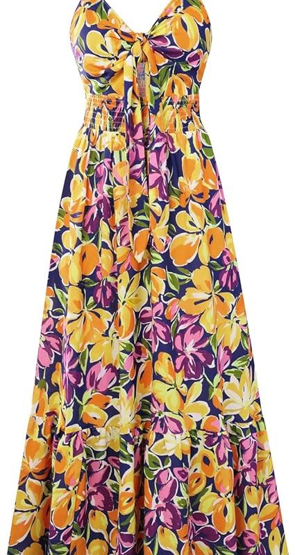 Womens Summer Floral Maxi Dresses 2026 Long Flowy Boho Dress Beach Vacation Sundresses Casual Clothes with Pocket - Yellow Purple Flower