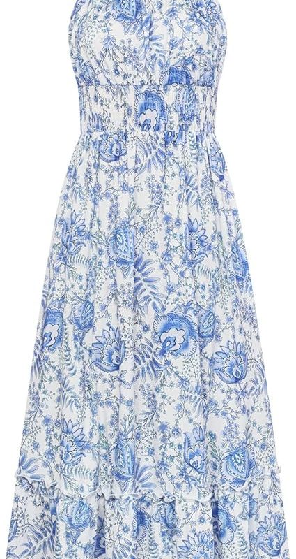 Summer Dresses for Women 2026 Vacation,Smocked Floral Maxi Dress,Boho Beach Sundress with Pocket Fashion Clothing - Blue White