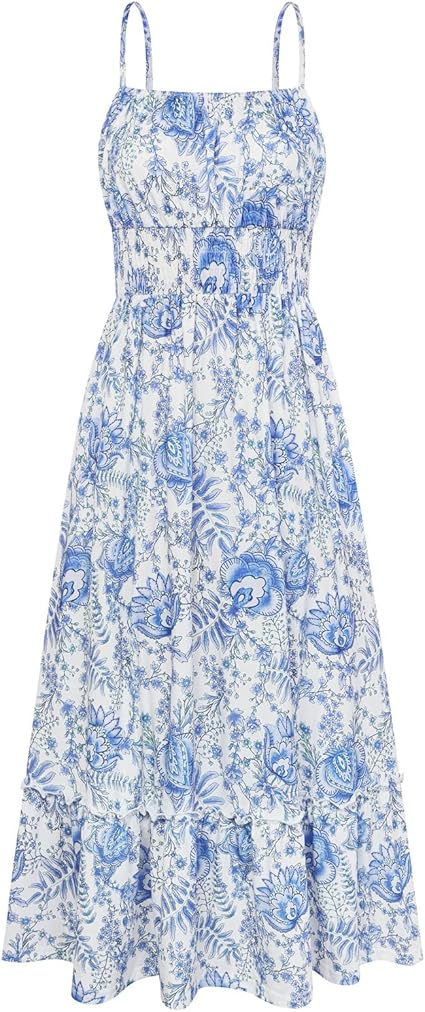 Summer Dresses for Women 2026 Vacation,Smocked Floral Maxi Dress,Boho Beach Sundress with Pocket Fashion Clothing - Blue White