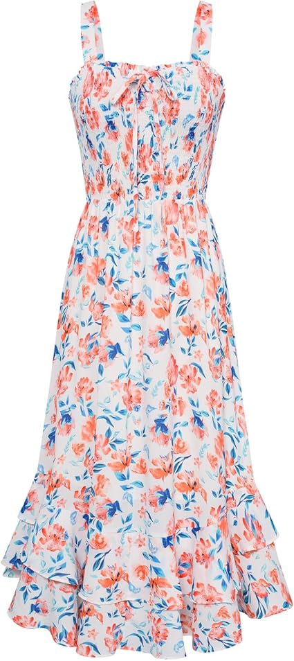 Women's 2026 Summer Floral Boho Dress Square Neck Strapped Swing A Line Sundress Beach Long Maxi Outfits - Orange Floral
