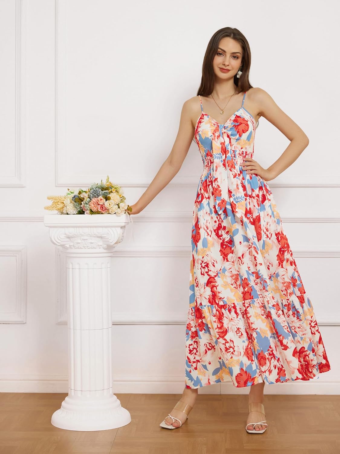 Womens Summer Floral Maxi Dresses 2026 Long Flowy Boho Dress Beach Vacation Sundresses Casual Clothes with Pocket - Blue Red Floral - Image 3