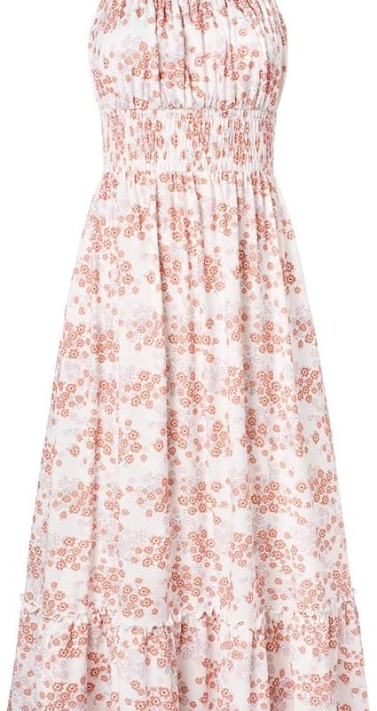 Summer Dresses for Women 2026 Vacation,Smocked Floral Maxi Dress,Boho Beach Sundress with Pocket Fashion Clothing - Beige Floral