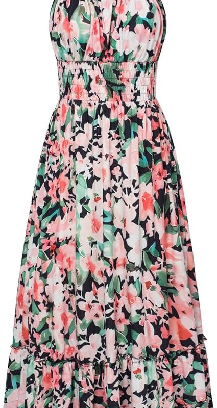 Summer Dresses for Women 2026 Vacation,Smocked Floral Maxi Dress,Boho Beach Sundress with Pocket Fashion Clothing - Green Black Floral