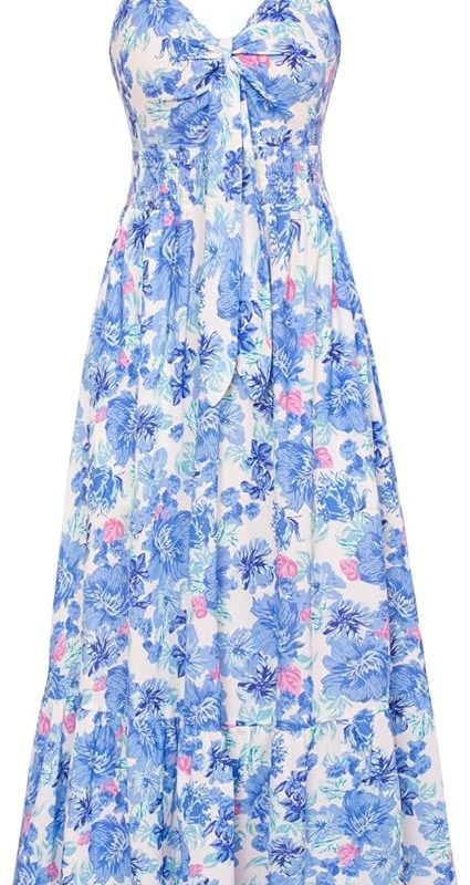Womens Summer Floral Maxi Dresses 2026 Long Flowy Boho Dress Beach Vacation Sundresses Casual Clothes with Pocket - Blue Floral