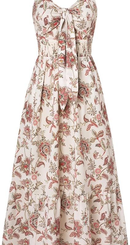 Womens Summer Floral Maxi Dresses 2026 Long Flowy Boho Dress Beach Vacation Sundresses Casual Clothes with Pocket - Beige Red Vine