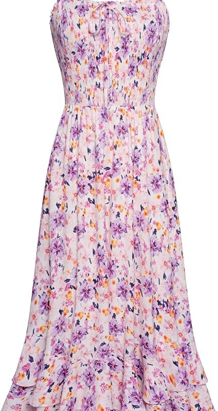 Women's 2026 Summer Floral Boho Dress Square Neck Strapped Swing A Line Sundress Beach Long Maxi Outfits - Purple Yellow