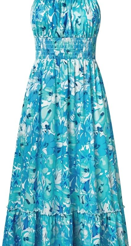 Summer Dresses for Women 2026 Vacation,Smocked Floral Maxi Dress,Boho Beach Sundress with Pocket Fashion Clothing - Blue Green