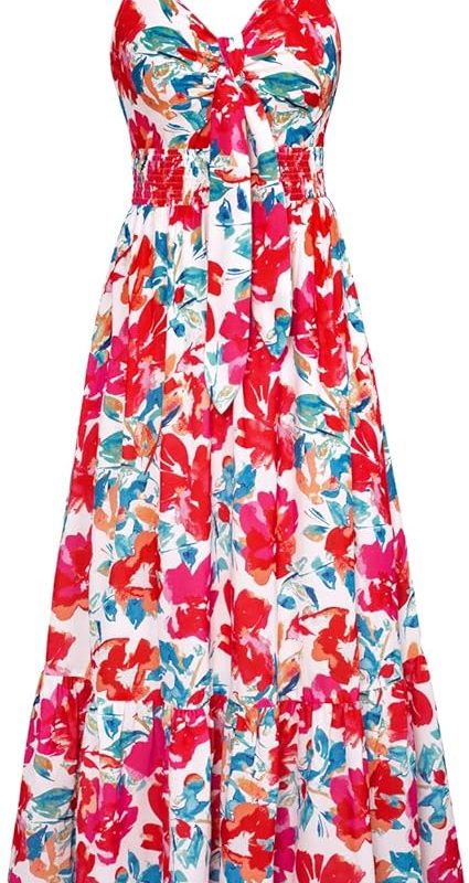 Womens Summer Floral Maxi Dresses 2026 Long Flowy Boho Dress Beach Vacation Sundresses Casual Clothes with Pocket - Red Blue Floral