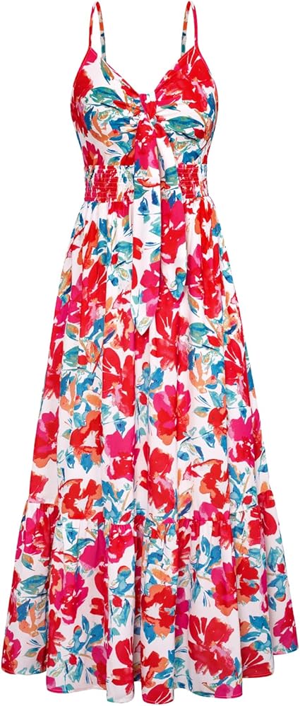 Womens Summer Floral Maxi Dresses 2026 Long Flowy Boho Dress Beach Vacation Sundresses Casual Clothes with Pocket - Red Blue Floral