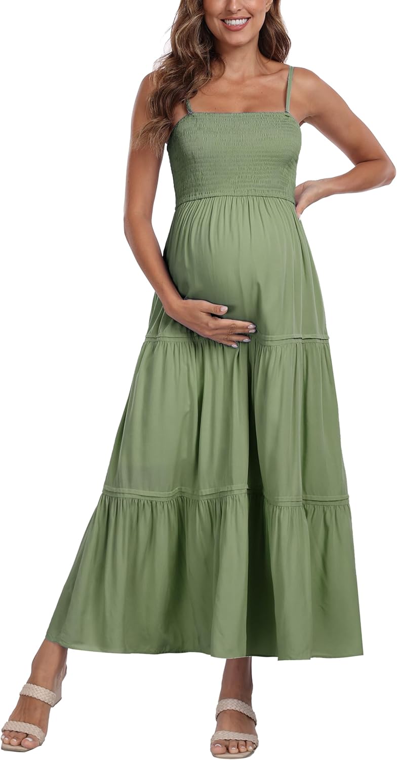 Summer Maxi Dress with Removed Strap, Stapless Bohemian Beach Long Photoshoot/Baby Shower Dresses - Green - Image 7