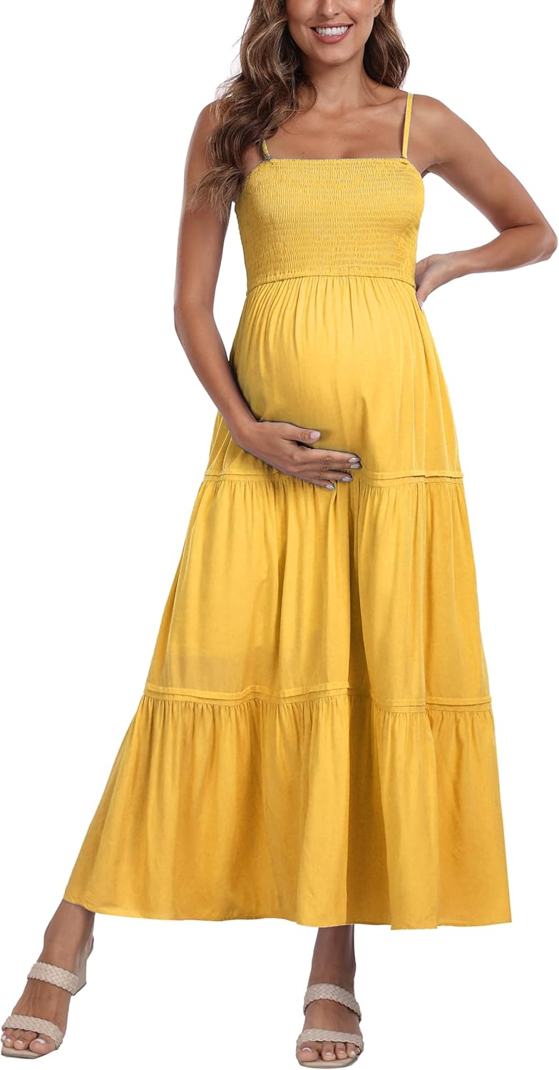 Summer Maxi Dress with Removed Strap, Stapless Bohemian Beach Long Photoshoot/Baby Shower Dresses - Yellow - Image 5