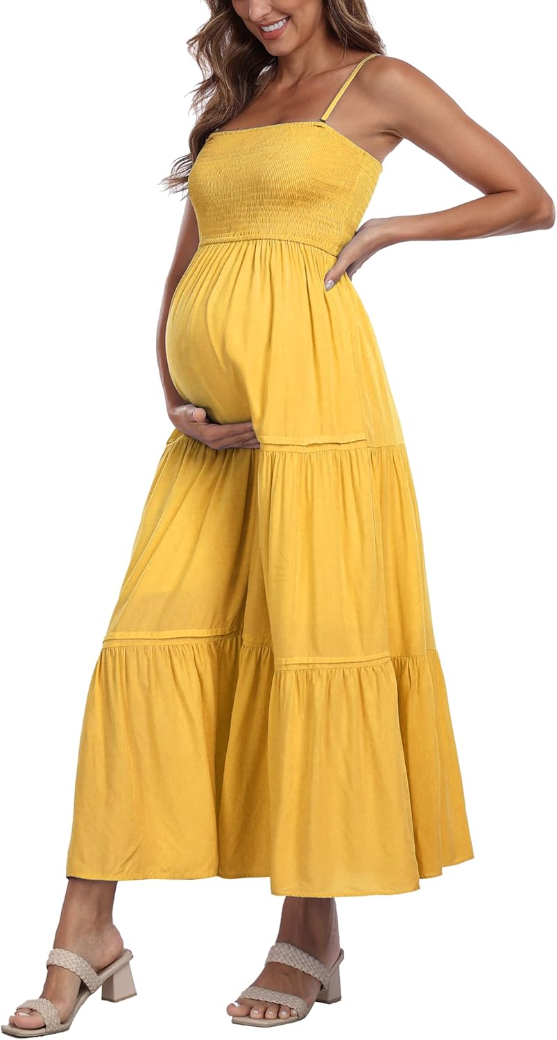 Summer Maxi Dress with Removed Strap, Stapless Bohemian Beach Long Photoshoot/Baby Shower Dresses - Yellow - Image 2