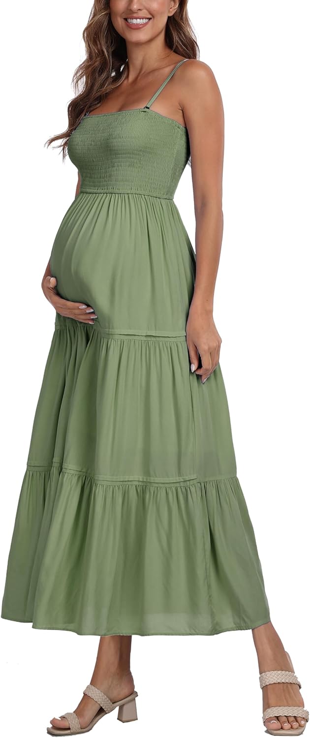 Summer Maxi Dress with Removed Strap, Stapless Bohemian Beach Long Photoshoot/Baby Shower Dresses - Green - Image 5
