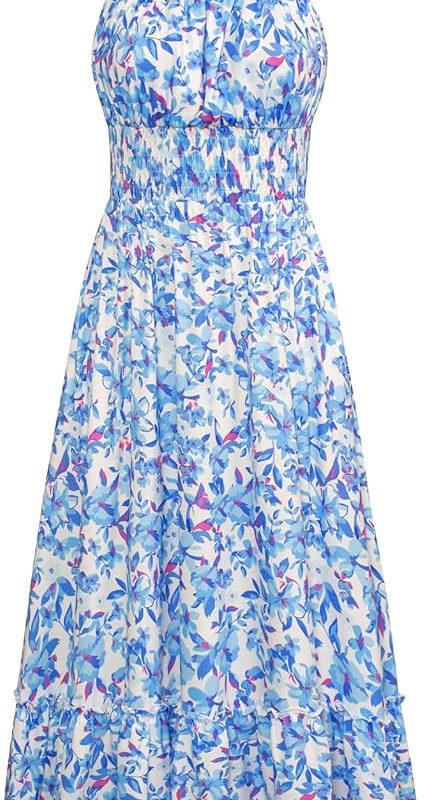 Summer Dresses for Women 2026 Vacation,Smocked Floral Maxi Dress,Boho Beach Sundress with Pocket Fashion Clothing - Blue Floral Bright