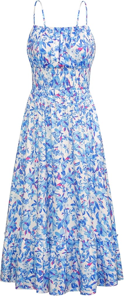 Summer Dresses for Women 2026 Vacation,Smocked Floral Maxi Dress,Boho Beach Sundress with Pocket Fashion Clothing - Blue Floral Bright