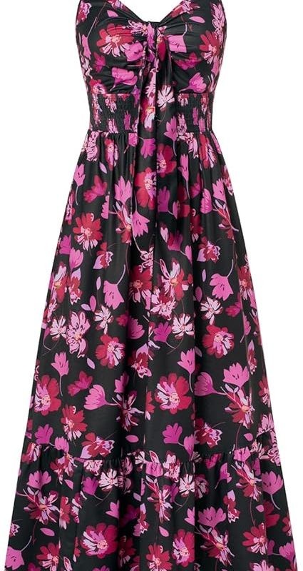 Womens Summer Floral Maxi Dresses 2026 Long Flowy Boho Dress Beach Vacation Sundresses Casual Clothes with Pocket - Black Pink Floral
