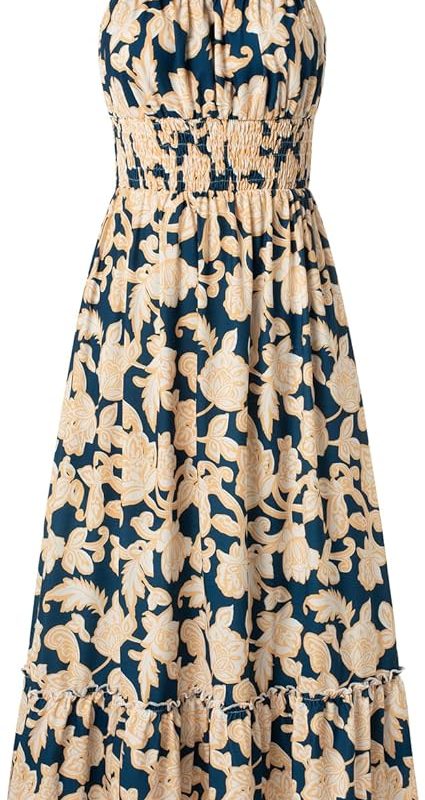 Summer Dresses for Women 2026 Vacation,Smocked Floral Maxi Dress,Boho Beach Sundress with Pocket Fashion Clothing - Navy Flower