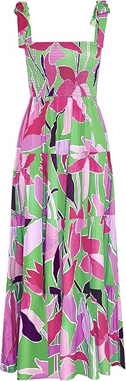 Women's Summer Casual Maxi Dress Spaghetti Strap Square Neck Boho Beach Long Sun Dresses - Purple Floral
