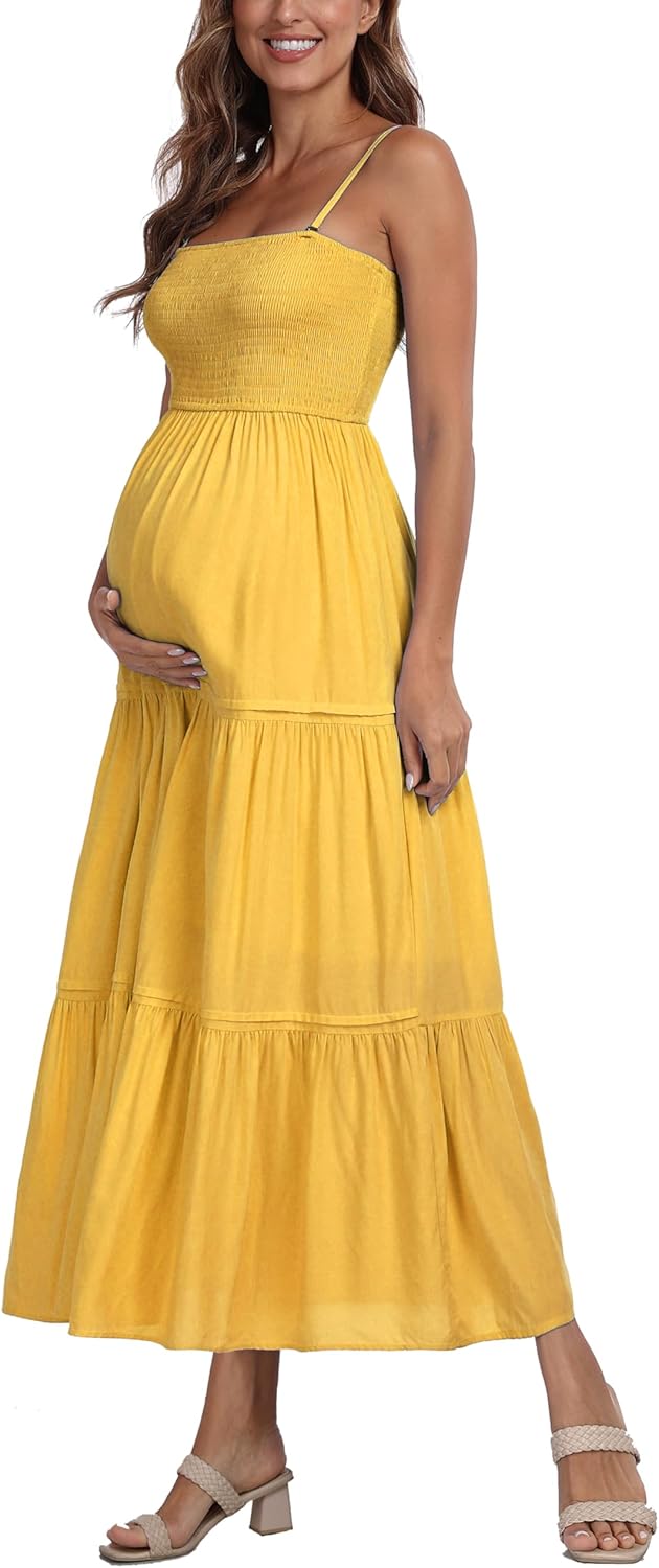 Summer Maxi Dress with Removed Strap, Stapless Bohemian Beach Long Photoshoot/Baby Shower Dresses - Yellow - Image 4