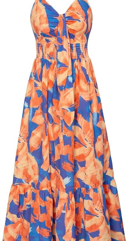Womens Summer Floral Maxi Dresses 2026 Long Flowy Boho Dress Beach Vacation Sundresses Casual Clothes with Pocket - Orange Blue Floral