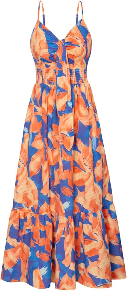 Womens Summer Floral Maxi Dresses 2026 Long Flowy Boho Dress Beach Vacation Sundresses Casual Clothes with Pocket - Orange Blue Floral