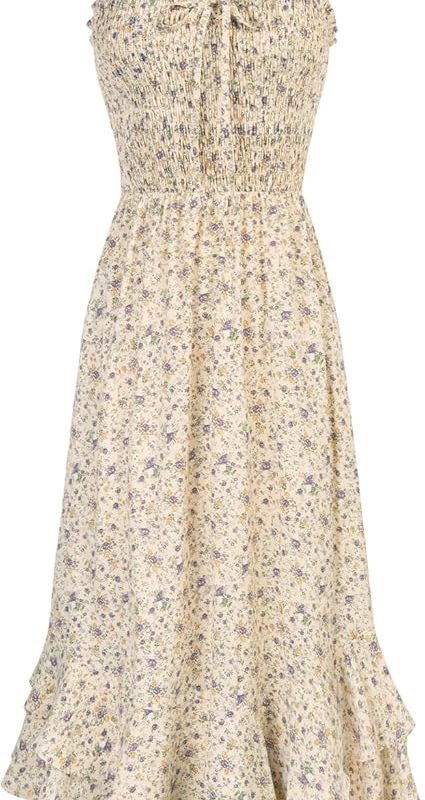 Women's 2026 Summer Floral Boho Dress Square Neck Strapped Swing A Line Sundress Beach Long Maxi Outfits - Light Yellow