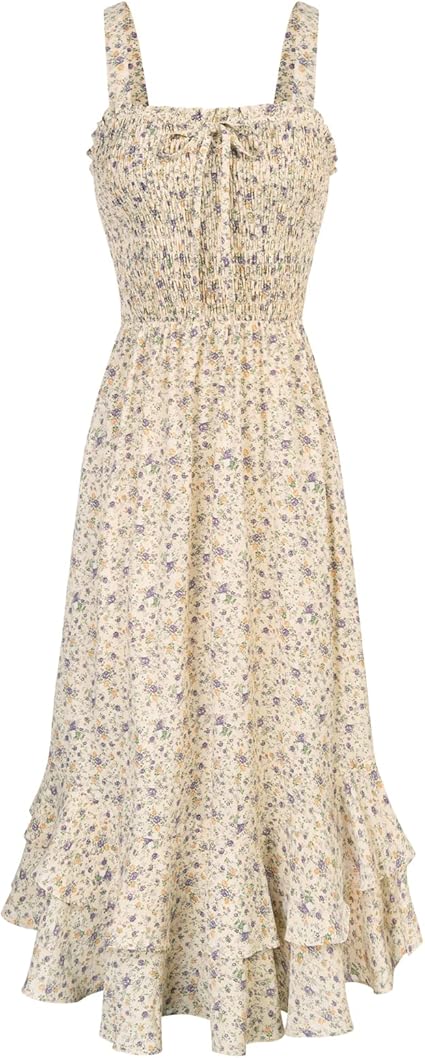 Women's 2026 Summer Floral Boho Dress Square Neck Strapped Swing A Line Sundress Beach Long Maxi Outfits - Light Yellow