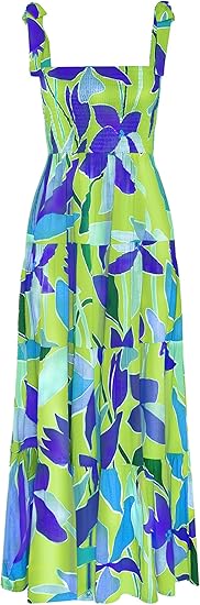 Women's Summer Casual Maxi Dress Spaghetti Strap Square Neck Boho Beach Long Sun Dresses - Green Floral