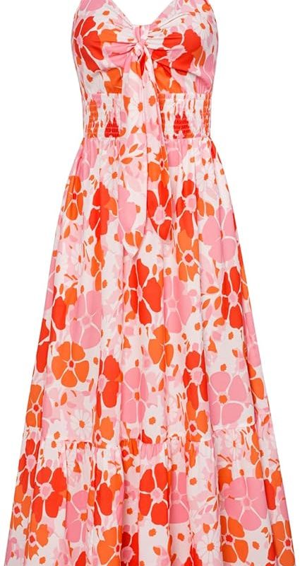 Womens Summer Floral Maxi Dresses 2026 Long Flowy Boho Dress Beach Vacation Sundresses Casual Clothes with Pocket - Orange Pink Floral