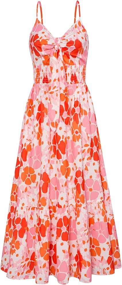 Womens Summer Floral Maxi Dresses 2026 Long Flowy Boho Dress Beach Vacation Sundresses Casual Clothes with Pocket - Orange Pink Floral