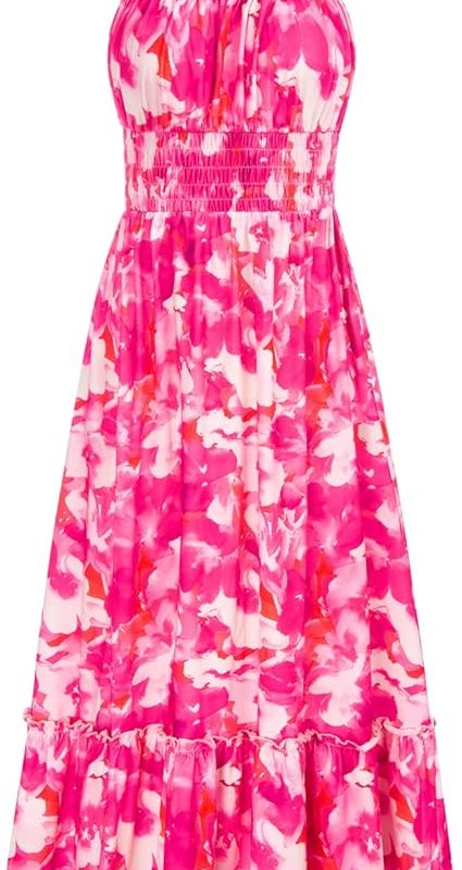 Summer Dresses for Women 2026 Vacation,Smocked Floral Maxi Dress,Boho Beach Sundress with Pocket Fashion Clothing - Rose Red Floral