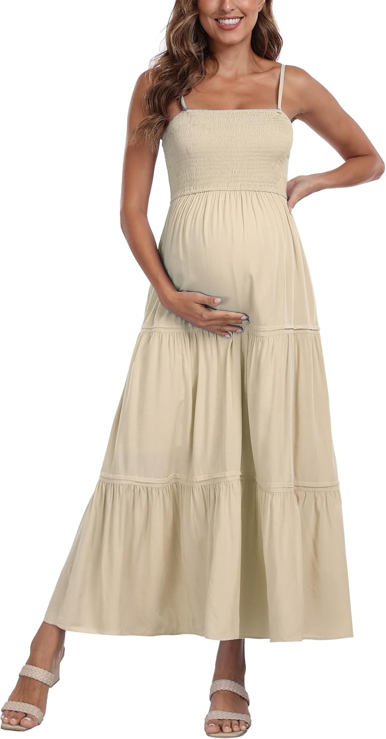 Summer Maxi Dress with Removed Strap, Stapless Bohemian Beach Long Photoshoot/Baby Shower Dresses - Apricot - Image 5