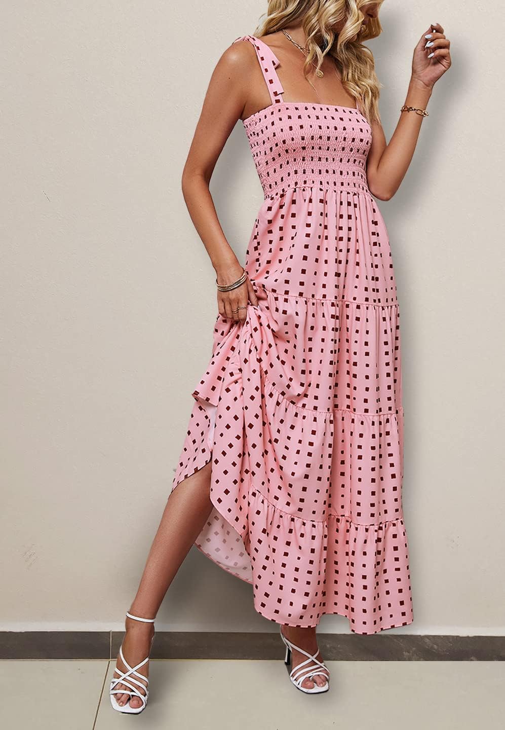 Women's Summer Casual Maxi Dress Spaghetti Strap Square Neck Boho Beach Long Sun Dresses - Pink - Image 3