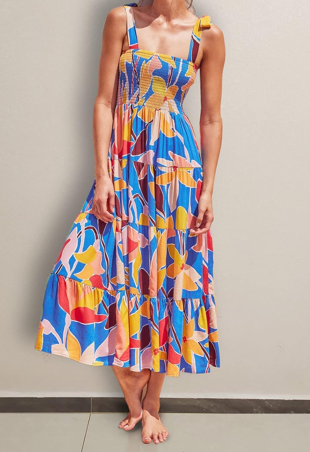 Women's Summer Casual Maxi Dress Spaghetti Strap Square Neck Boho Beach Long Sun Dresses - Blue Floral - Image 2