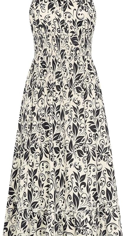 Summer Dresses for Women 2026 Vacation,Smocked Floral Maxi Dress,Boho Beach Sundress with Pocket Fashion Clothing - Beige Black