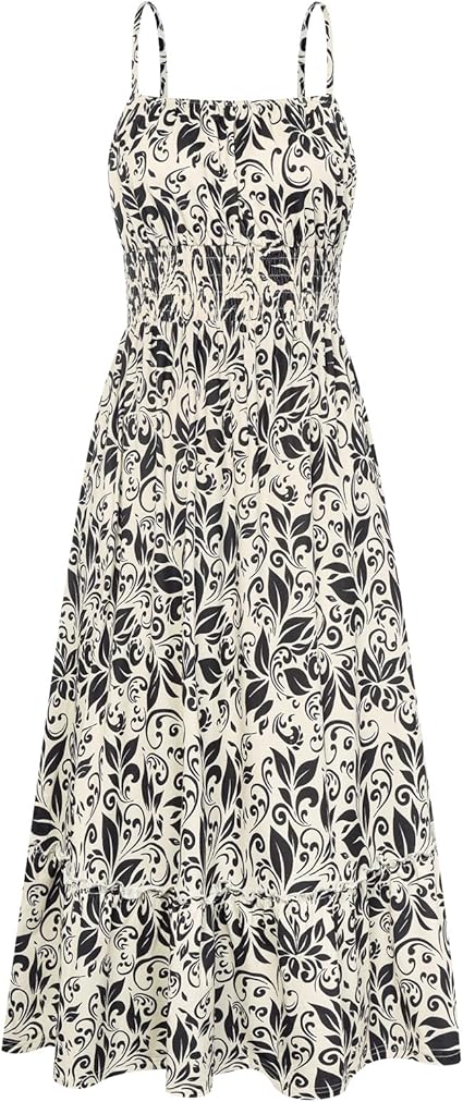 Summer Dresses for Women 2026 Vacation,Smocked Floral Maxi Dress,Boho Beach Sundress with Pocket Fashion Clothing - Beige Black