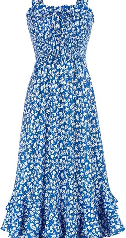 Women's 2026 Summer Floral Boho Dress Square Neck Strapped Swing A Line Sundress Beach Long Maxi Outfits - Blue