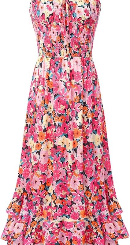 Women's 2026 Summer Floral Boho Dress Square Neck Strapped Swing A Line Sundress Beach Long Maxi Outfits - Pink Orange
