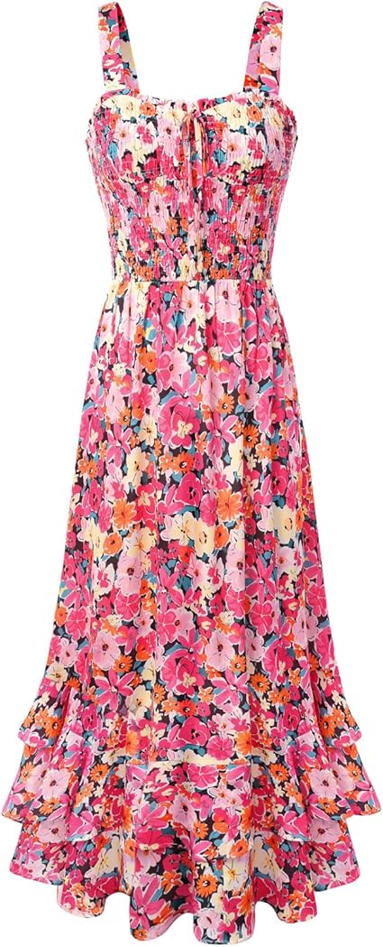 Women's 2026 Summer Floral Boho Dress Square Neck Strapped Swing A Line Sundress Beach Long Maxi Outfits - Pink Orange