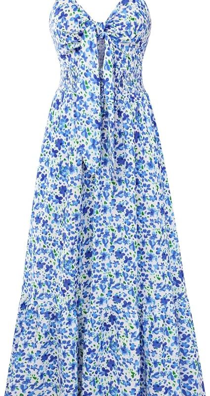 Womens Summer Floral Maxi Dresses 2026 Long Flowy Boho Dress Beach Vacation Sundresses Casual Clothes with Pocket - Blue Floral Print
