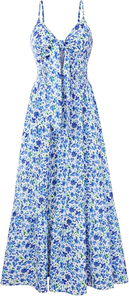 Womens Summer Floral Maxi Dresses 2026 Long Flowy Boho Dress Beach Vacation Sundresses Casual Clothes with Pocket - Blue Floral Print