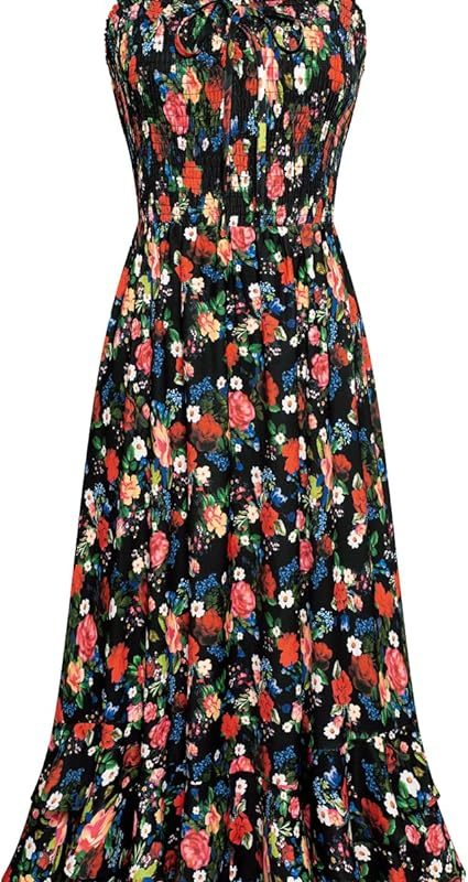 Women's 2026 Summer Floral Boho Dress Square Neck Strapped Swing A Line Sundress Beach Long Maxi Outfits - Black Floral