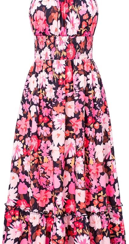 Summer Dresses for Women 2026 Vacation,Smocked Floral Maxi Dress,Boho Beach Sundress with Pocket Fashion Clothing - Purple Black Floral