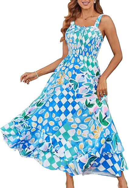 Women's 2026 Summer Floral Boho Dress Square Neck Strapped Swing A Line Sundress Beach Long Maxi Outfits - Blue Green