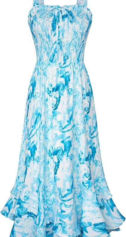 Women's 2026 Summer Floral Boho Dress Square Neck Strapped Swing A Line Sundress Beach Long Maxi Outfits - Blue Ripple