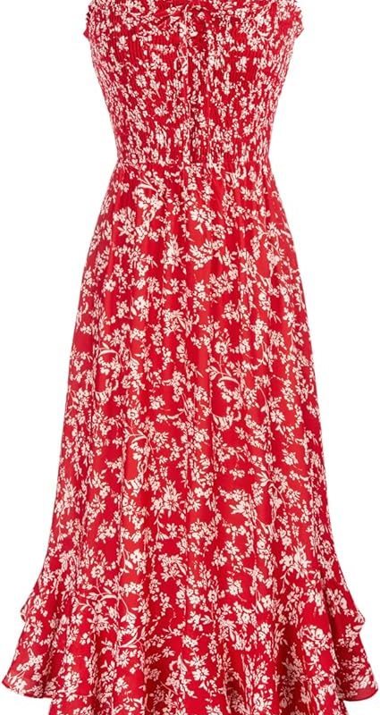 Women's 2026 Summer Floral Boho Dress Square Neck Strapped Swing A Line Sundress Beach Long Maxi Outfits - Red