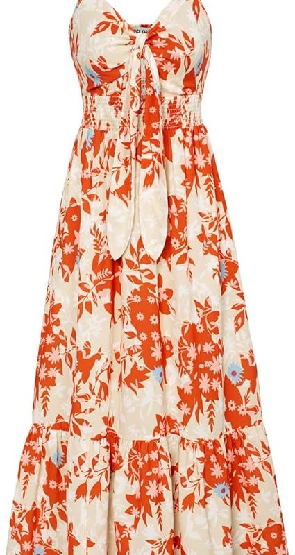 Womens Summer Floral Maxi Dresses 2026 Long Flowy Boho Dress Beach Vacation Sundresses Casual Clothes with Pocket - Orange Floral