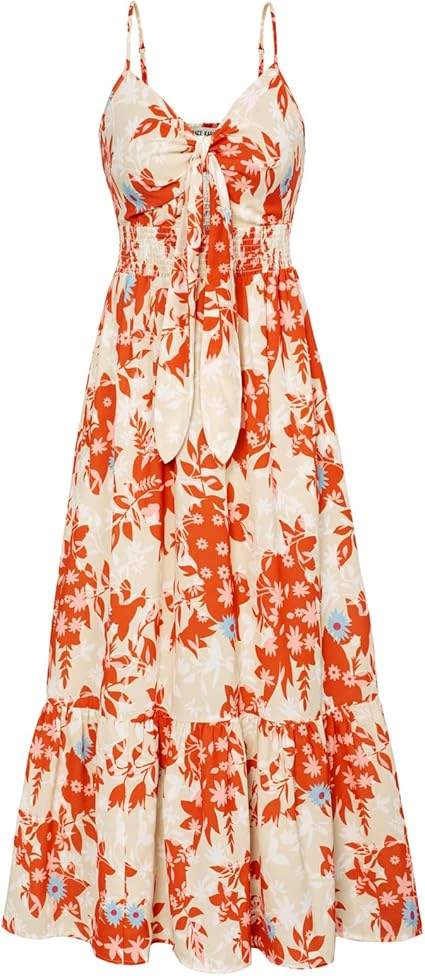 Womens Summer Floral Maxi Dresses 2026 Long Flowy Boho Dress Beach Vacation Sundresses Casual Clothes with Pocket - Orange Floral