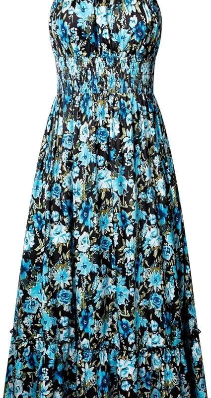 Summer Dresses for Women 2026 Vacation,Smocked Floral Maxi Dress,Boho Beach Sundress with Pocket Fashion Clothing - Blue Black